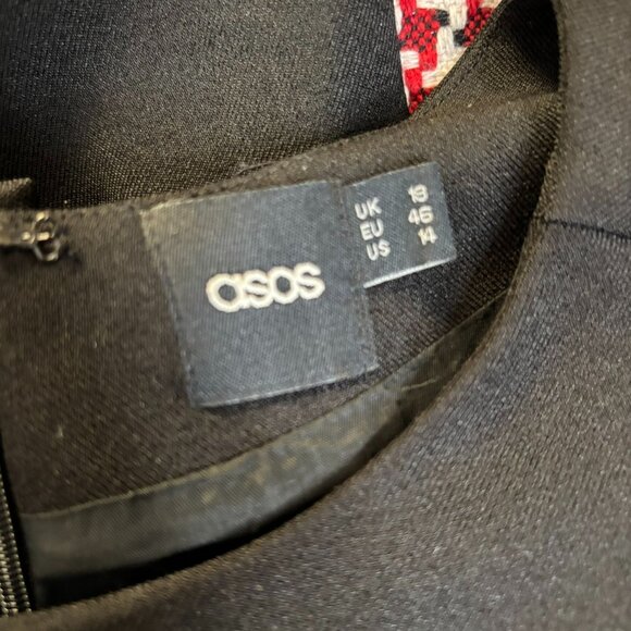 Asos Shift Dress Black Size 14 Red White Houndstooth Pockets Lined Zipper - Picture 7 of 8